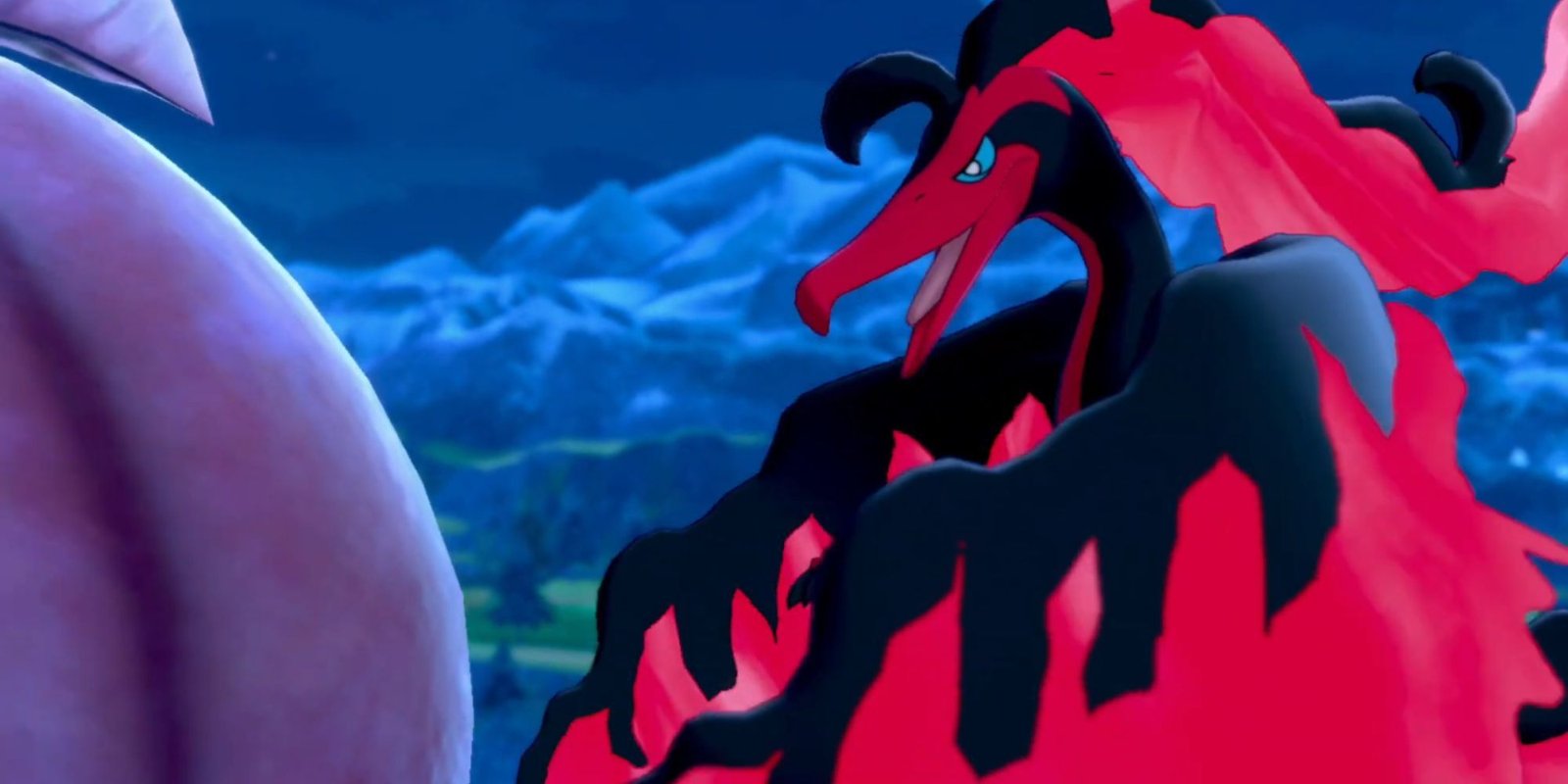 Galarian Moltres prepares to eat a giant fruit from a tree