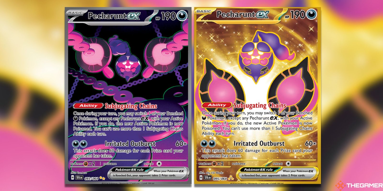 The Shrouded Fable Pecharunt Special Illustration Rare and Hyper Rare in the Pokemon TCG.