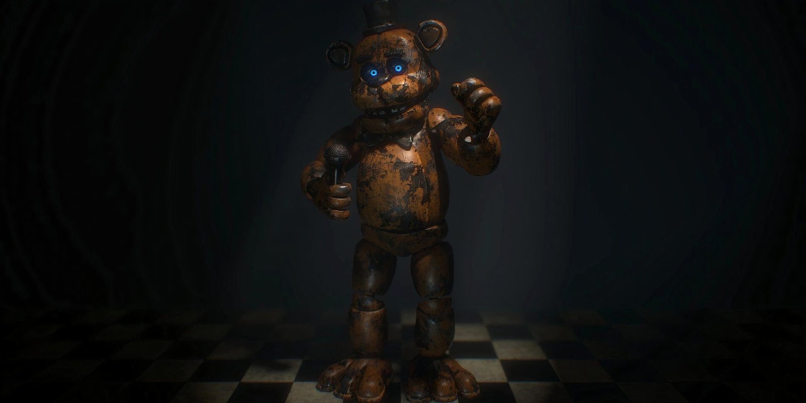A beat up Freddy Fazbear animatronic standing on a tiled floor in the darkness.