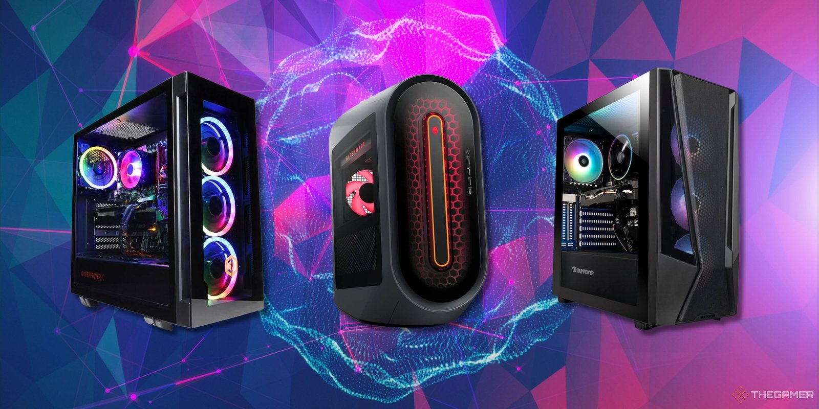 Three gaming PCs in front of a colorful background