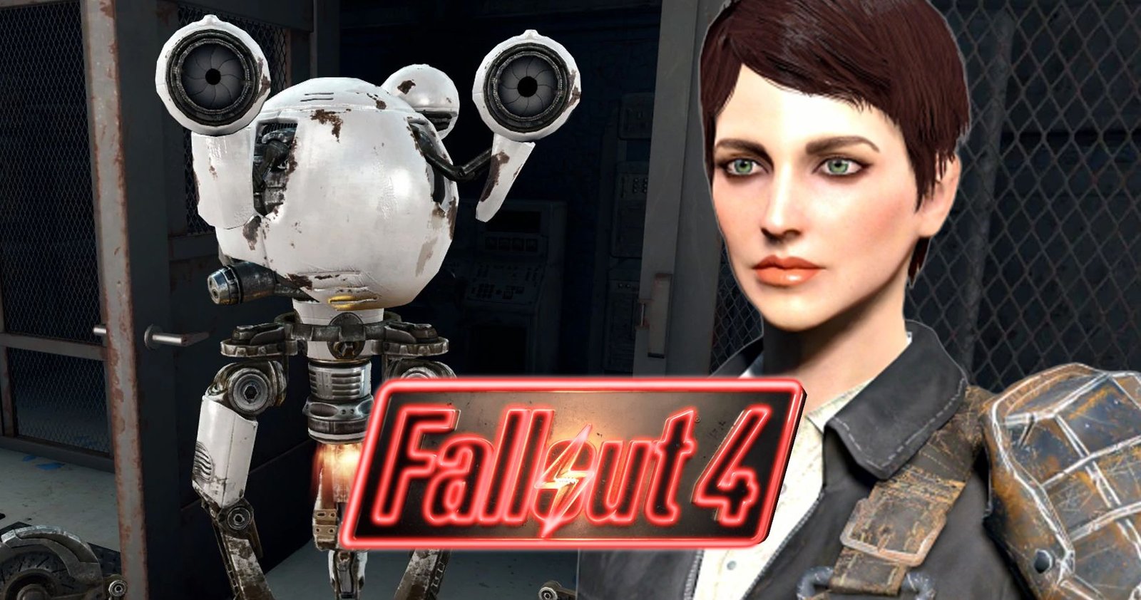 Player and codsworth with Fallout 4 neon sign