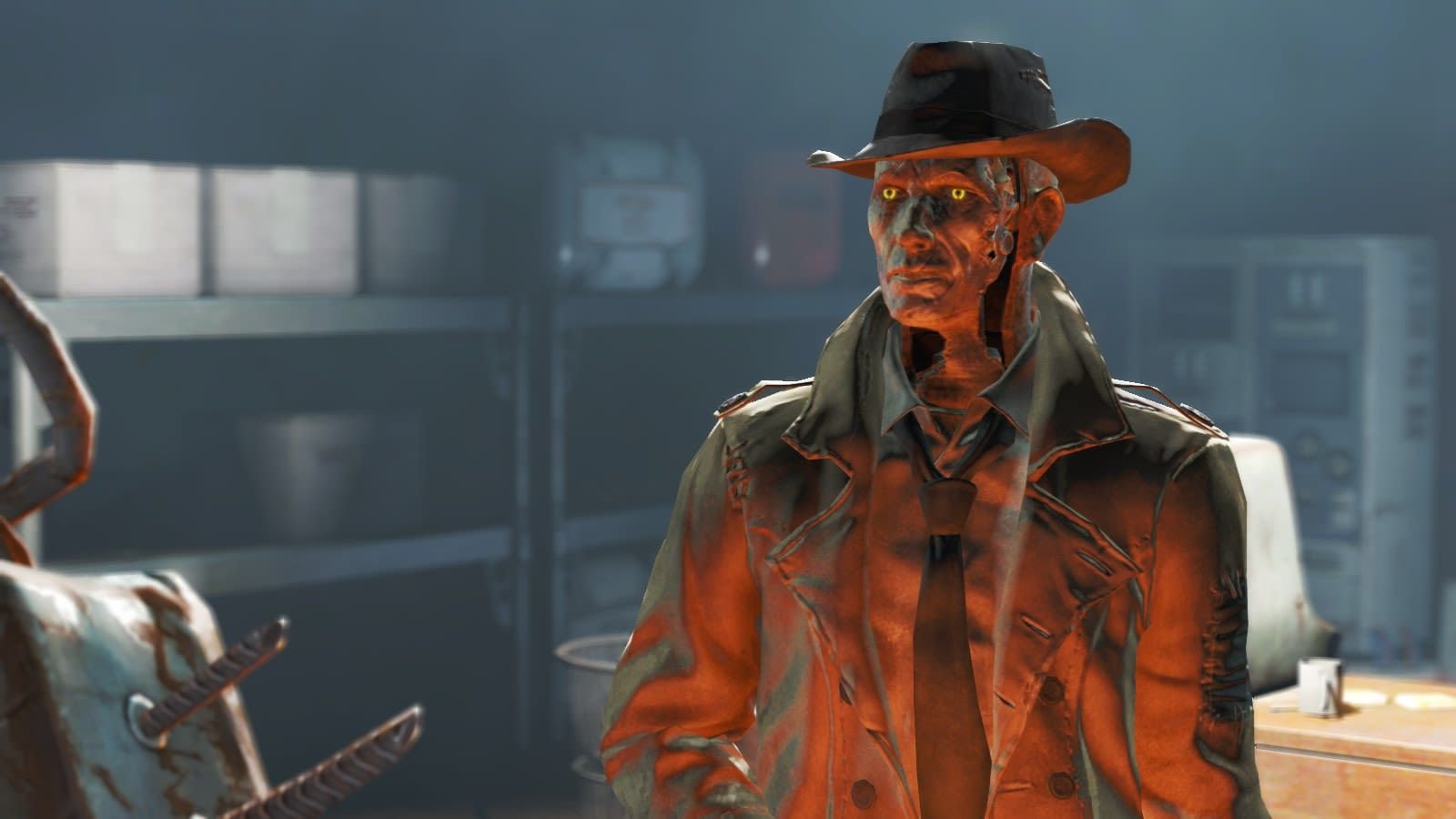 Ghoul companion Nick Valentine in storeroom in Fallout 4