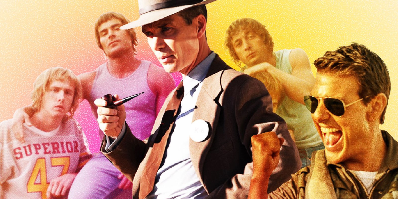 Cillian Murphy as Oppenheimer standing in the center, Tom Cruise from Top Gun Maveric at the bottom right, and the boys from The Iron Claw in the background.
