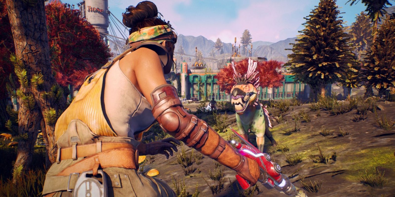 The Outer Worlds screenshot of Parvati fighting an alien creature.
