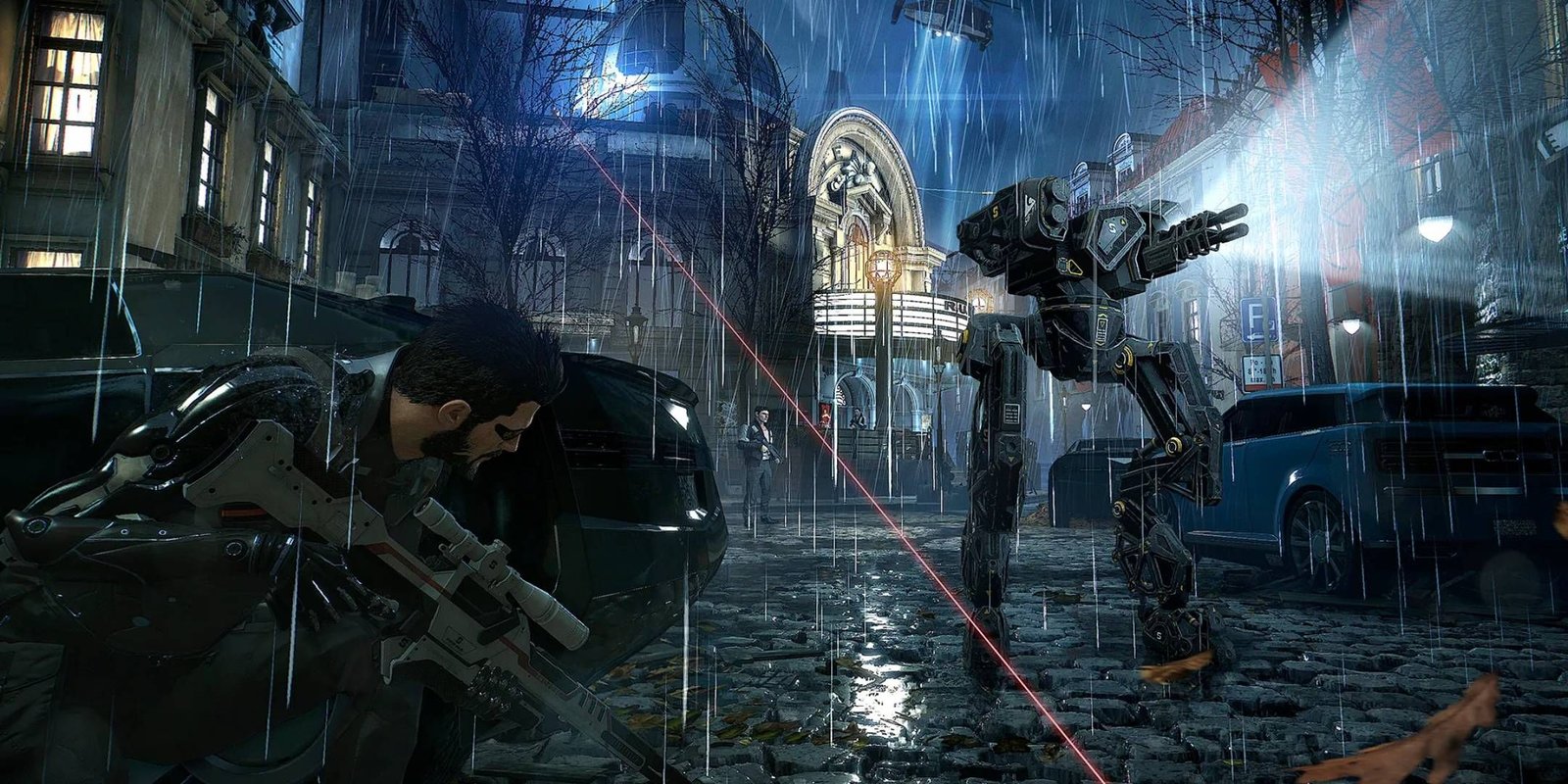 Deus Ex Mankind Divided Adam Jensen sneaking by a robot in Prague.