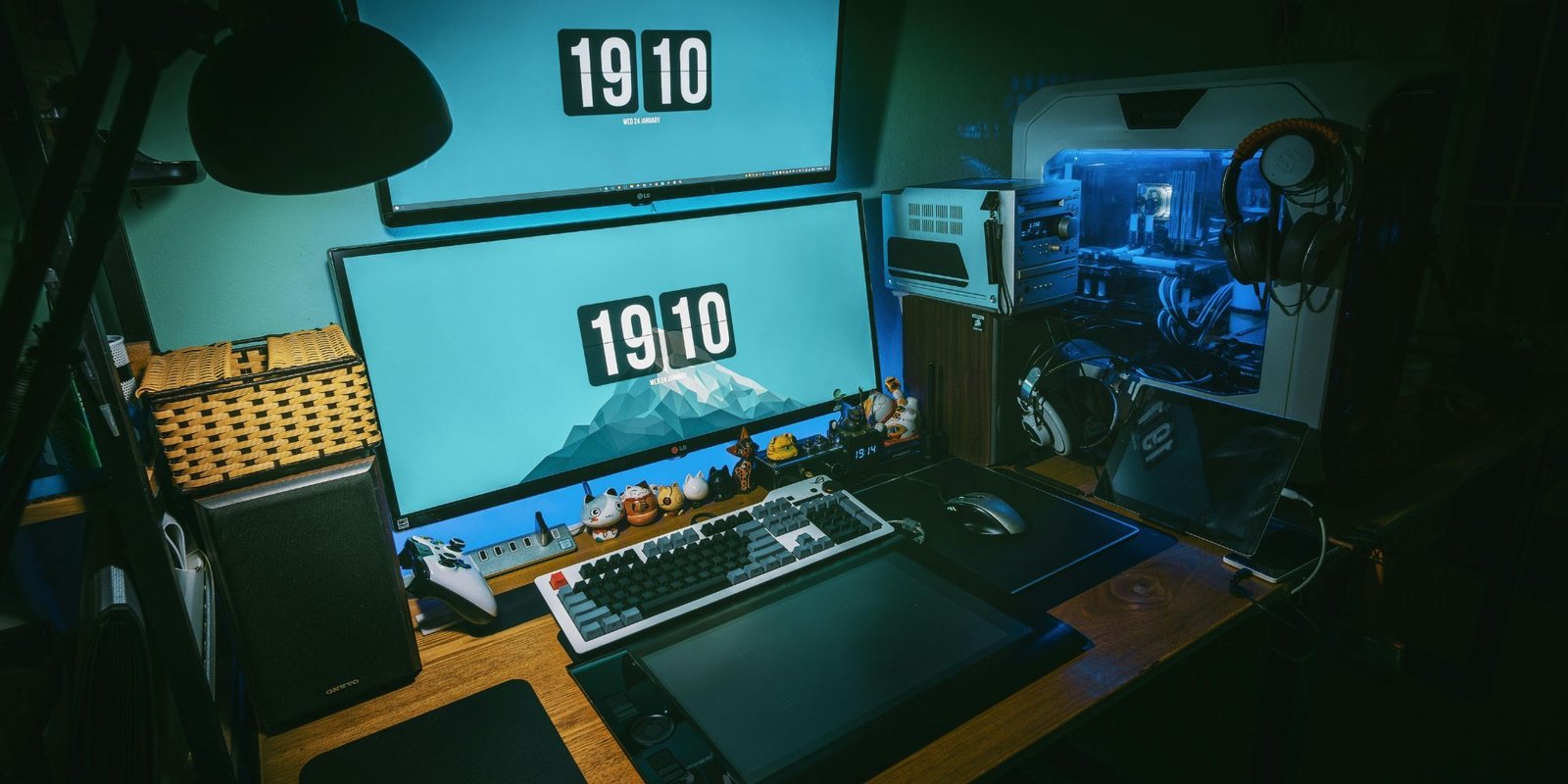 Dual Screen Monitor Setup With Gaming PC And Desktop Speakers