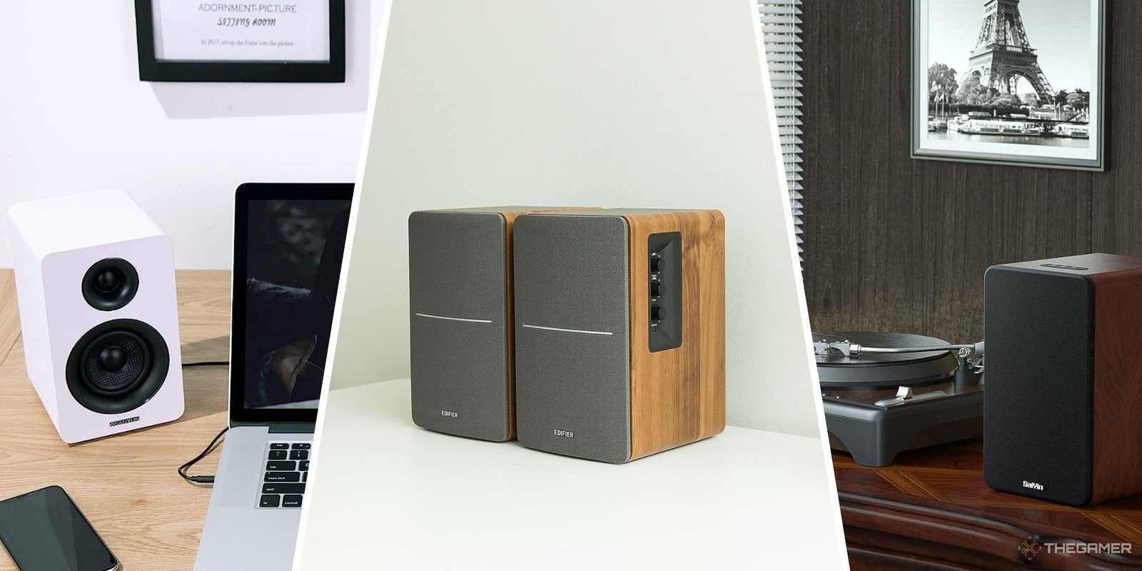 Split images of turntale speakers