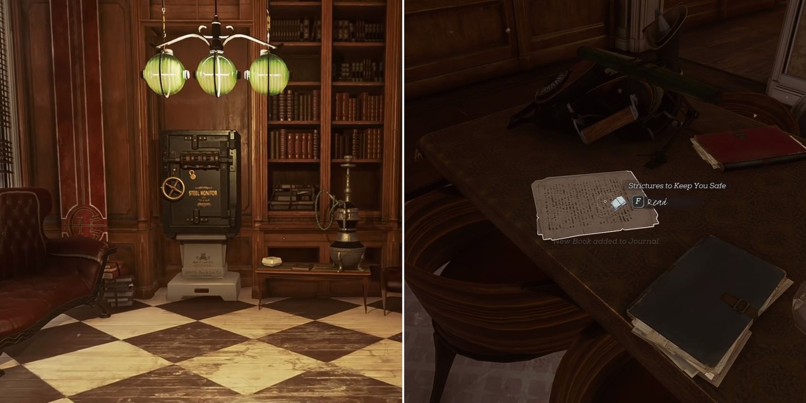 The Safe next to Strictures book and a note about Strictures To Keep You Safe on a table in Dishonored 2