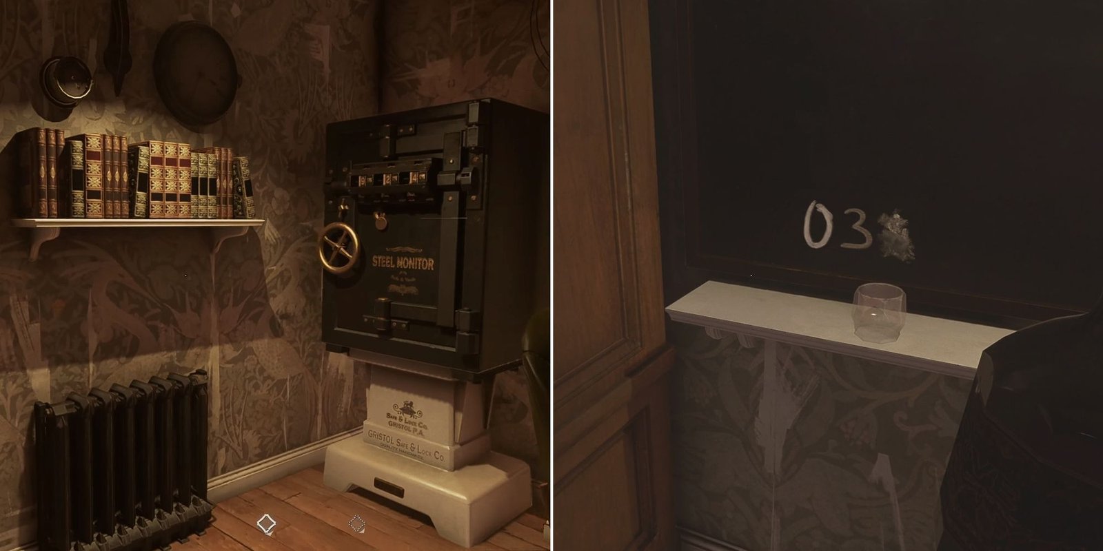 A safe next to a bookshelf  and the safe code written on a blackboard with a number smudged in Dishonored 2