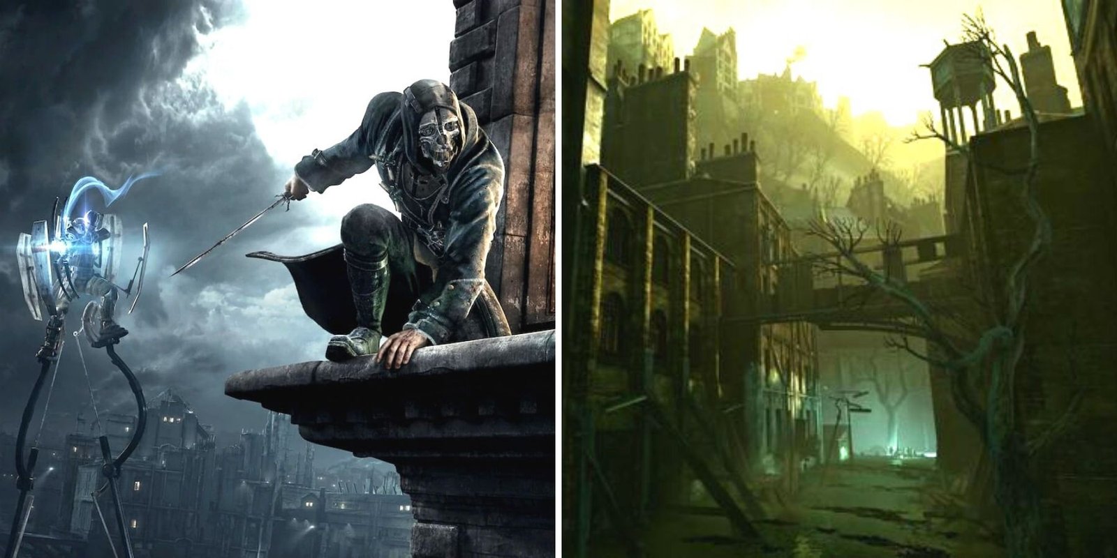 Dishonored - Corvo on a ledge of a building, a tallboy machine behind him - Flooded District empty street