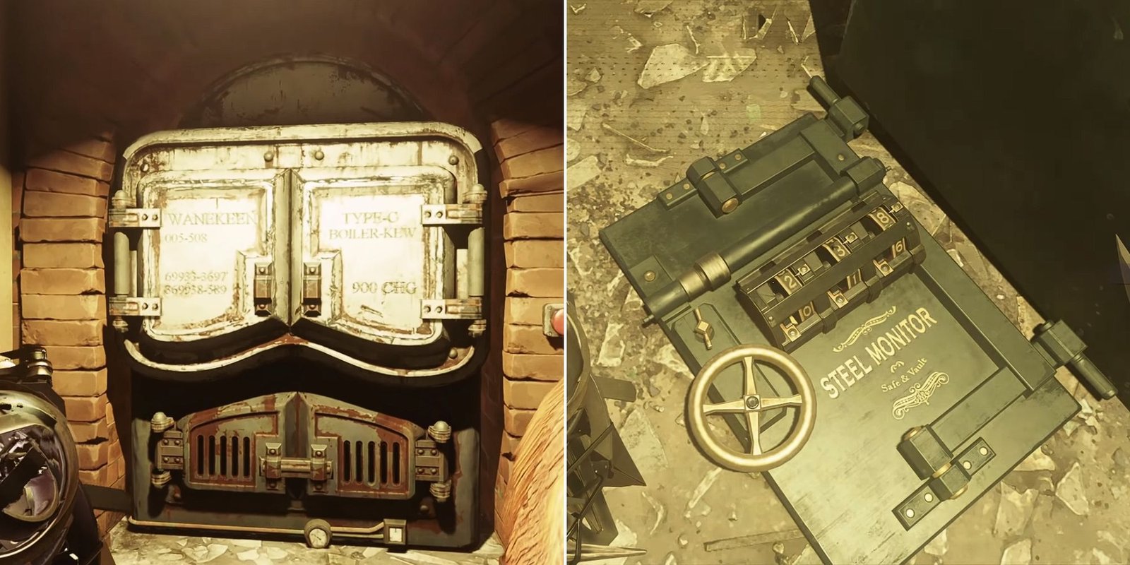 The furnace ready to heat up in the past and the door of a safe on the ground in the present in Dishonored 2