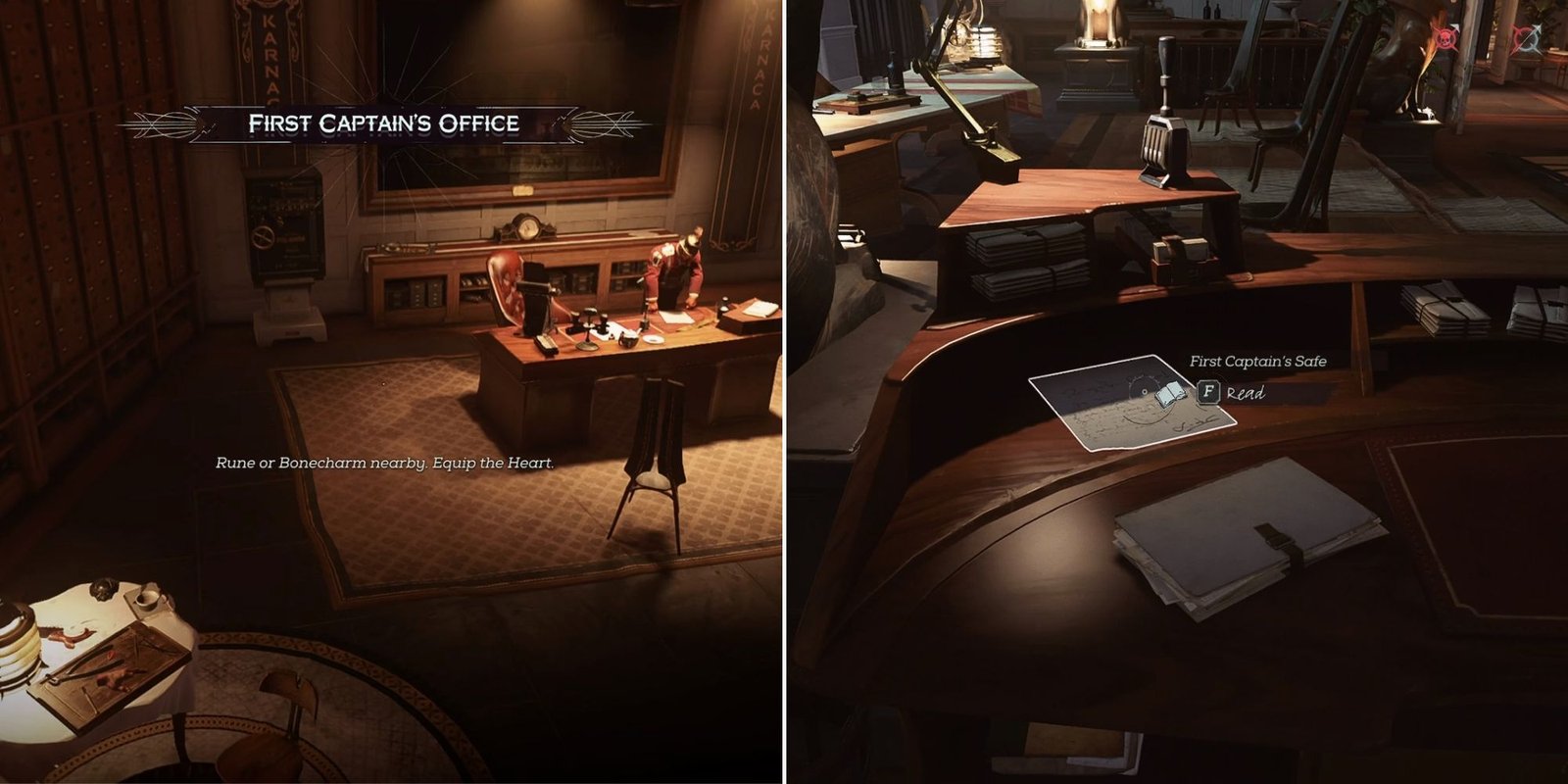 The First Captain's office with a guard at the desk and the note on a desk in the Duke's office in Dishonored 2