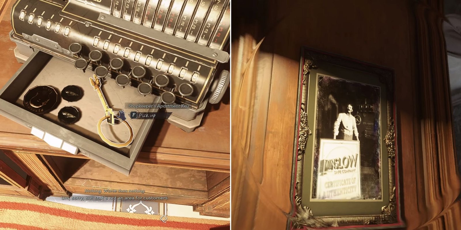 Carlos' apartment key in the cash register and a portrait of Carlos next to a safe with the code in view in Dishonored 2