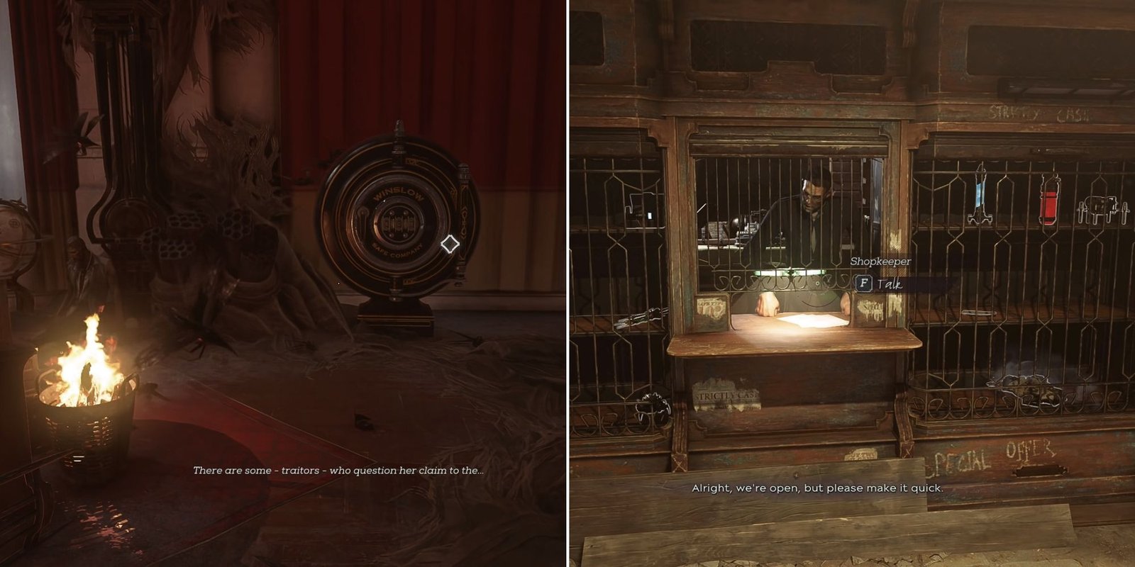 A safe next to the remains of a bloodfly nest and the black market store where the code is found in Dishonored 2