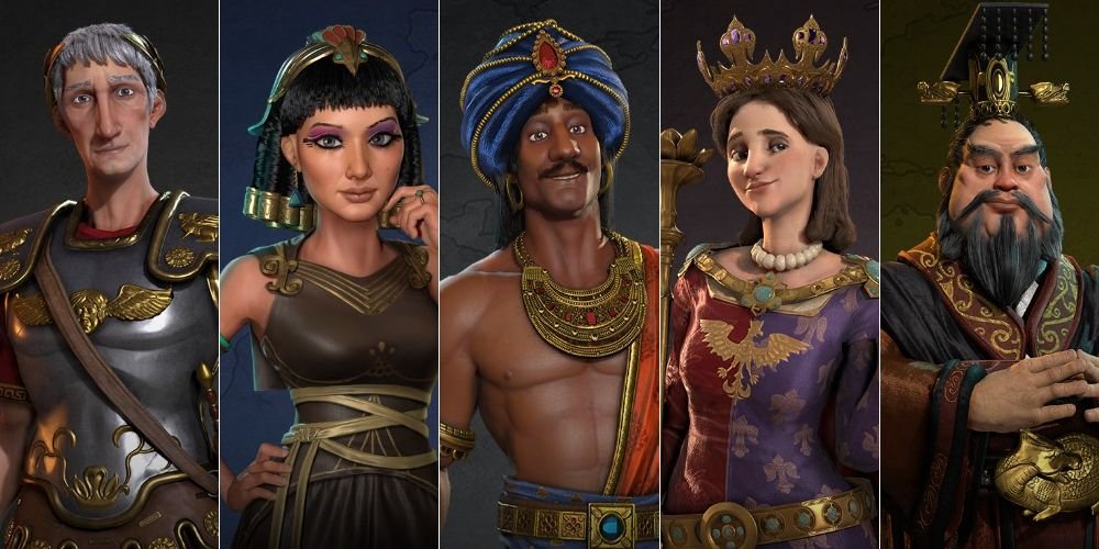 Trajan, Cleopatra, Chandragupta, Jadwiga, and Qin Shi Huang in Civilization 6