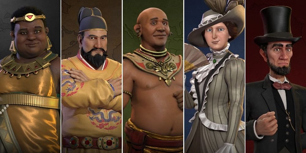 Amanitore, Yongle, Jayavarman, Victoria, and Abraham Lincoln in Civilization 6