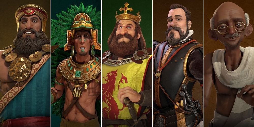Gilgamesh, Montezuma, Robert the Bruce, Philip, and Gandhi in Civilization 6