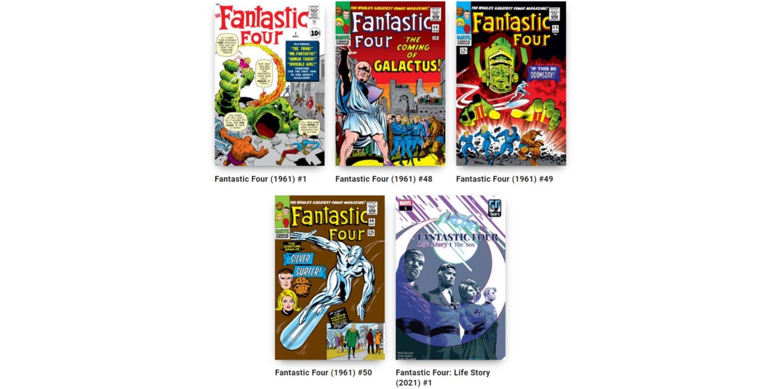 fanastic four issues #1, #48, #49, #50, and Life Story