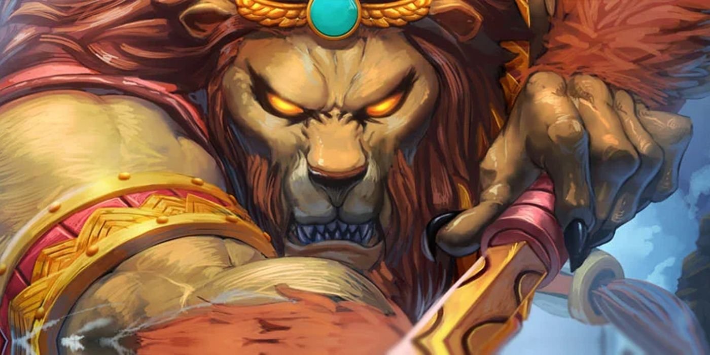 Smite screenshot of Lion creature with yellow eyes with a weapon.