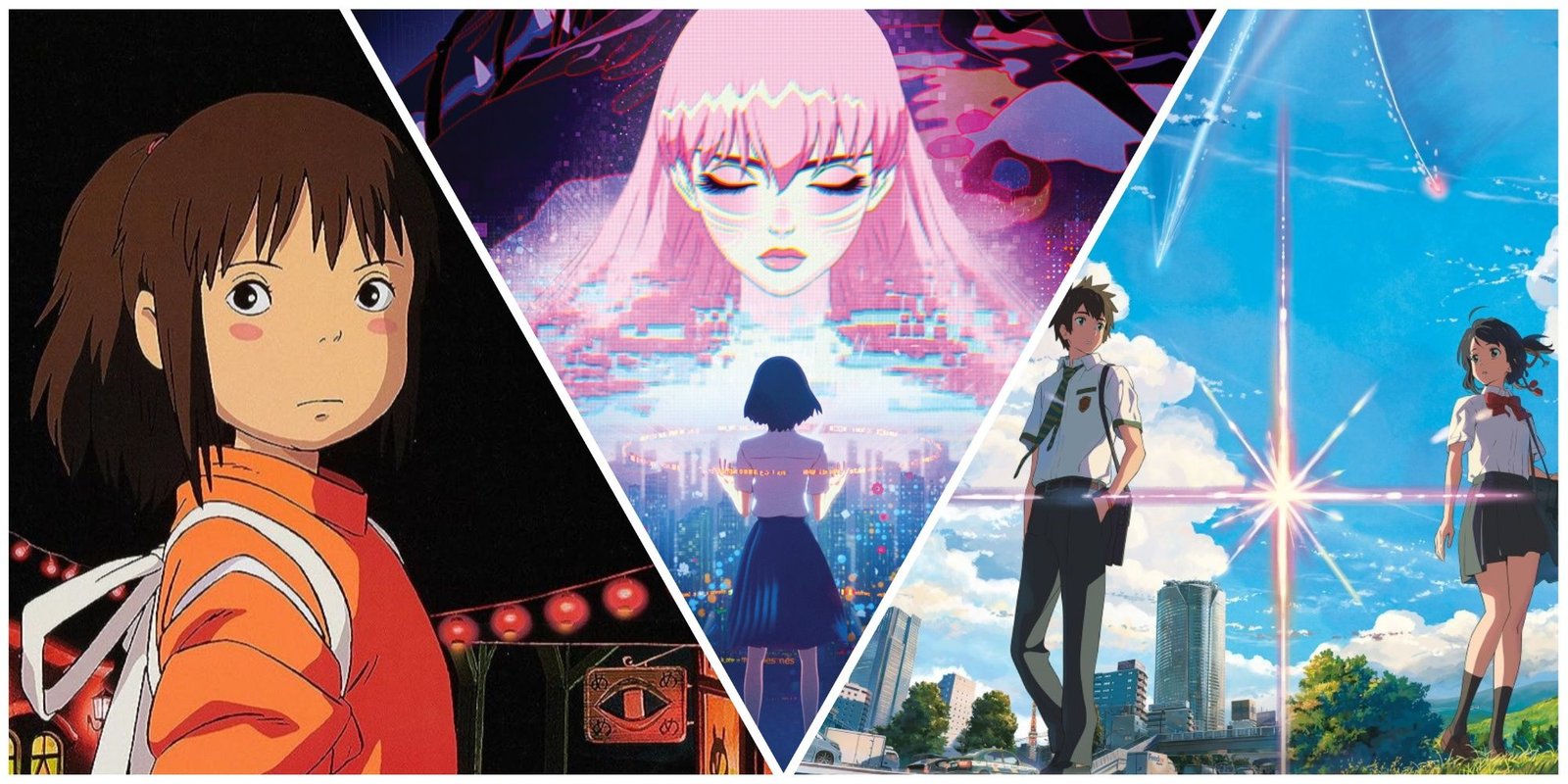 A horizontal three-piece picture containing the box art of Spirited Away, Belle, and Your Name