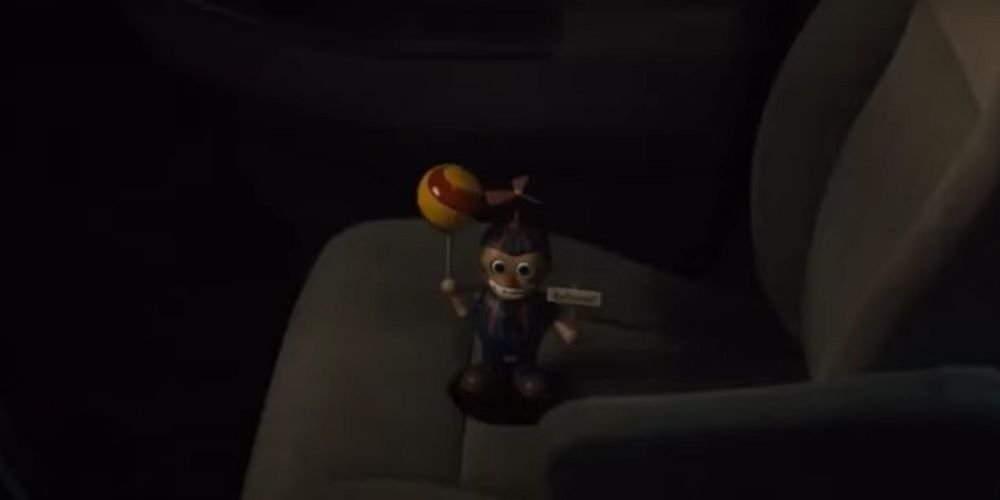 FNAF movie Balloon Boy Post-credit scene about to scare the driver in the cab.
