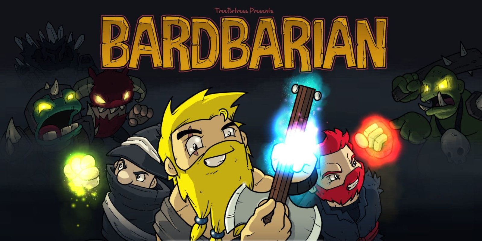 Key art of a barbarian with a guitar axe in Bardbarian
