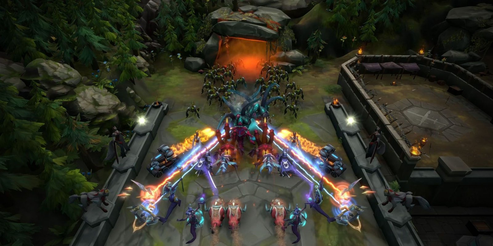 A wave of enemies approaches the players defenses in Legion TD 2