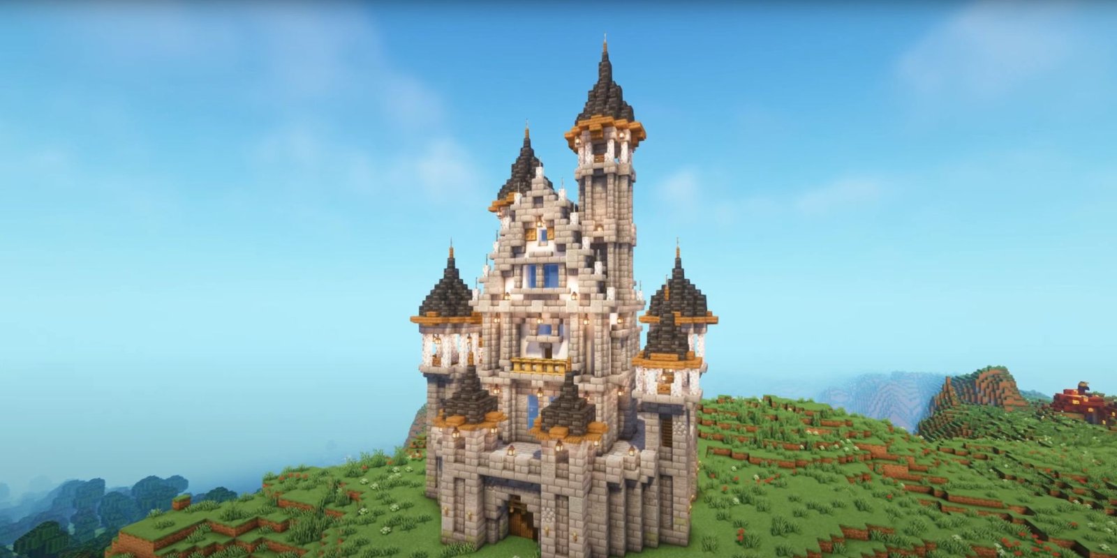 An image from Minecraft of a base styled after a vertical Medieval Castle. This castle is made out of stone brick and each roof is topped off with cobbled deepslate