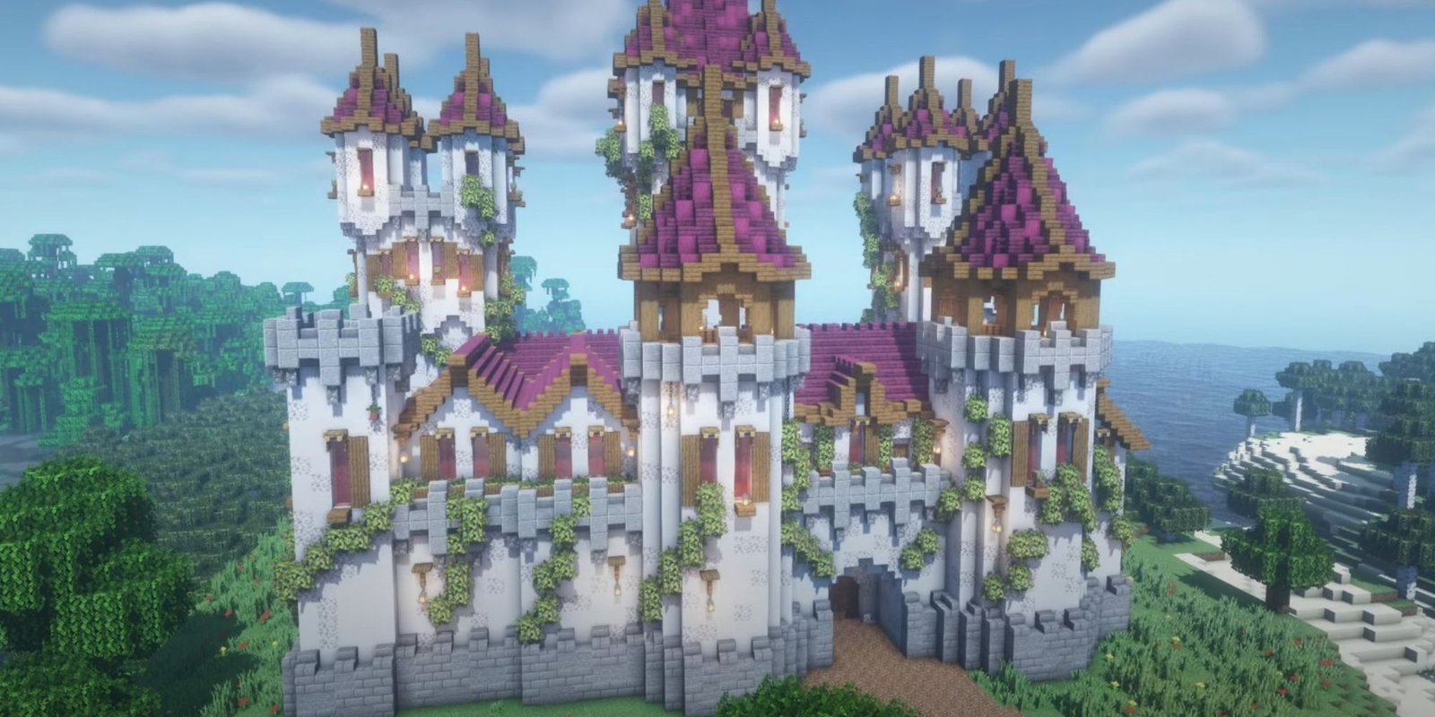 An image from Minecraft of a Fantasy Castle. This structure is made out of concrete and diorite, with many natural decorations and roofs colored purple and pink.