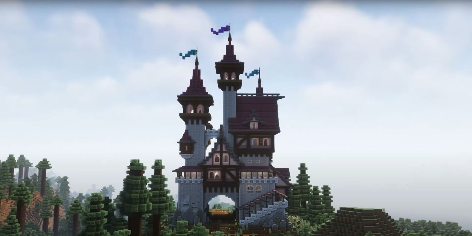 An image from Minecraft of a Cherry Wood Castle. This castle is aptly named, as it has multiple roofs made out of cherry wood, and features a vertical style of building.
