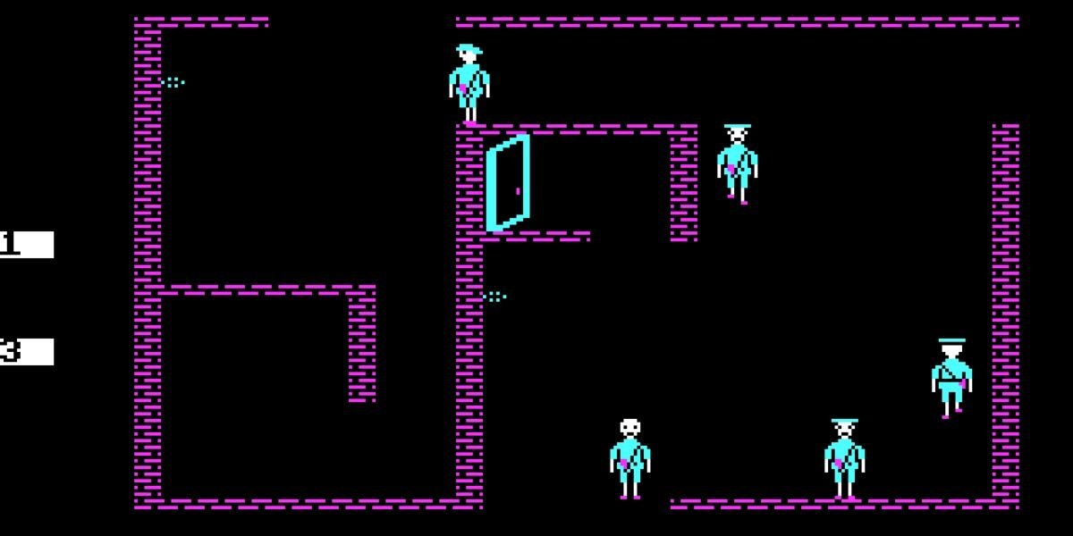 Beyond Castle Wolfenstein gameplay screenshot showing four enemies and our protagonist.