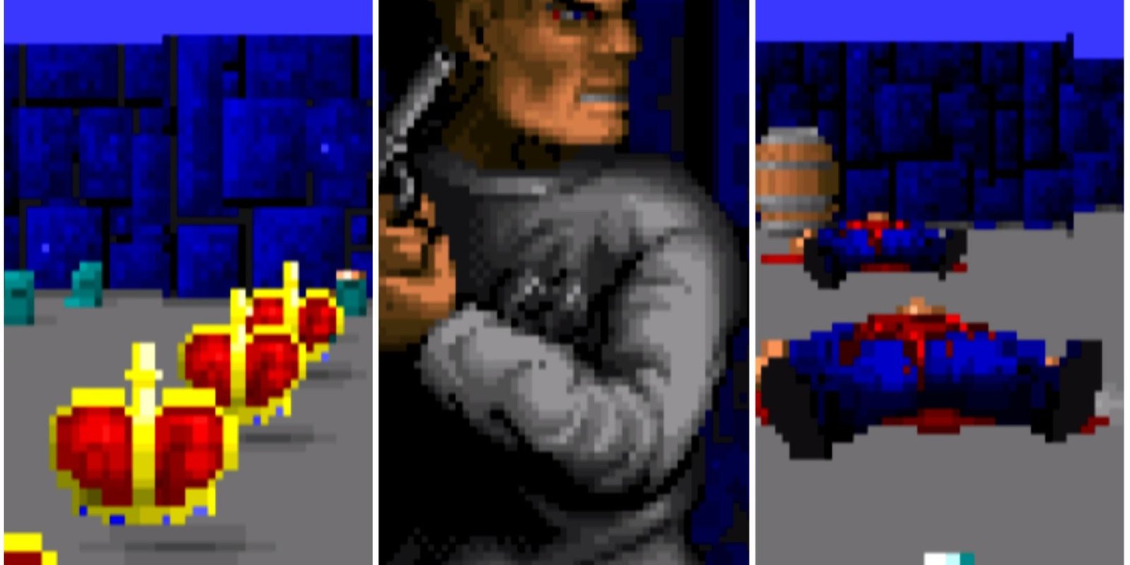 Three images together: A series of crown treasures, a close up of William B.J Blazkowicz and a couple of dead Nazi soldiers 