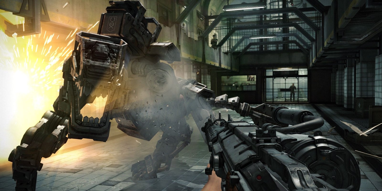 Shooting a machine that looks like a robotic T-Rex.