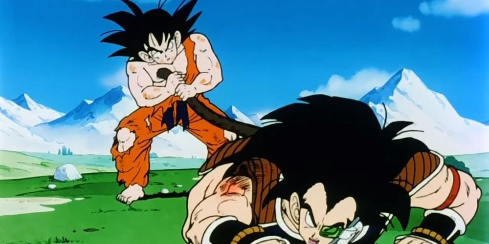 Early Goku Subduing Raditz By Holding His Tail