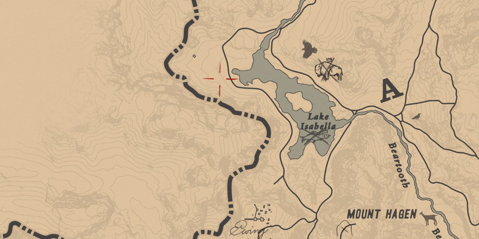 Red Dead Redemption 2 White Arabian Location showing a red cursor highlighting the area beside Lake Isabella