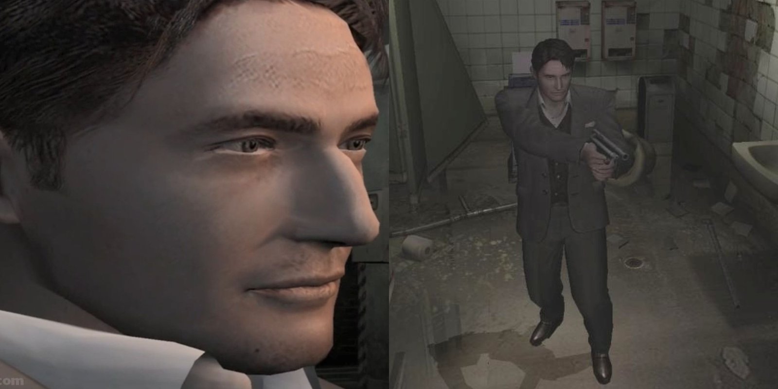 A closeup of George Hamilton (left), wielding a pistol (right)