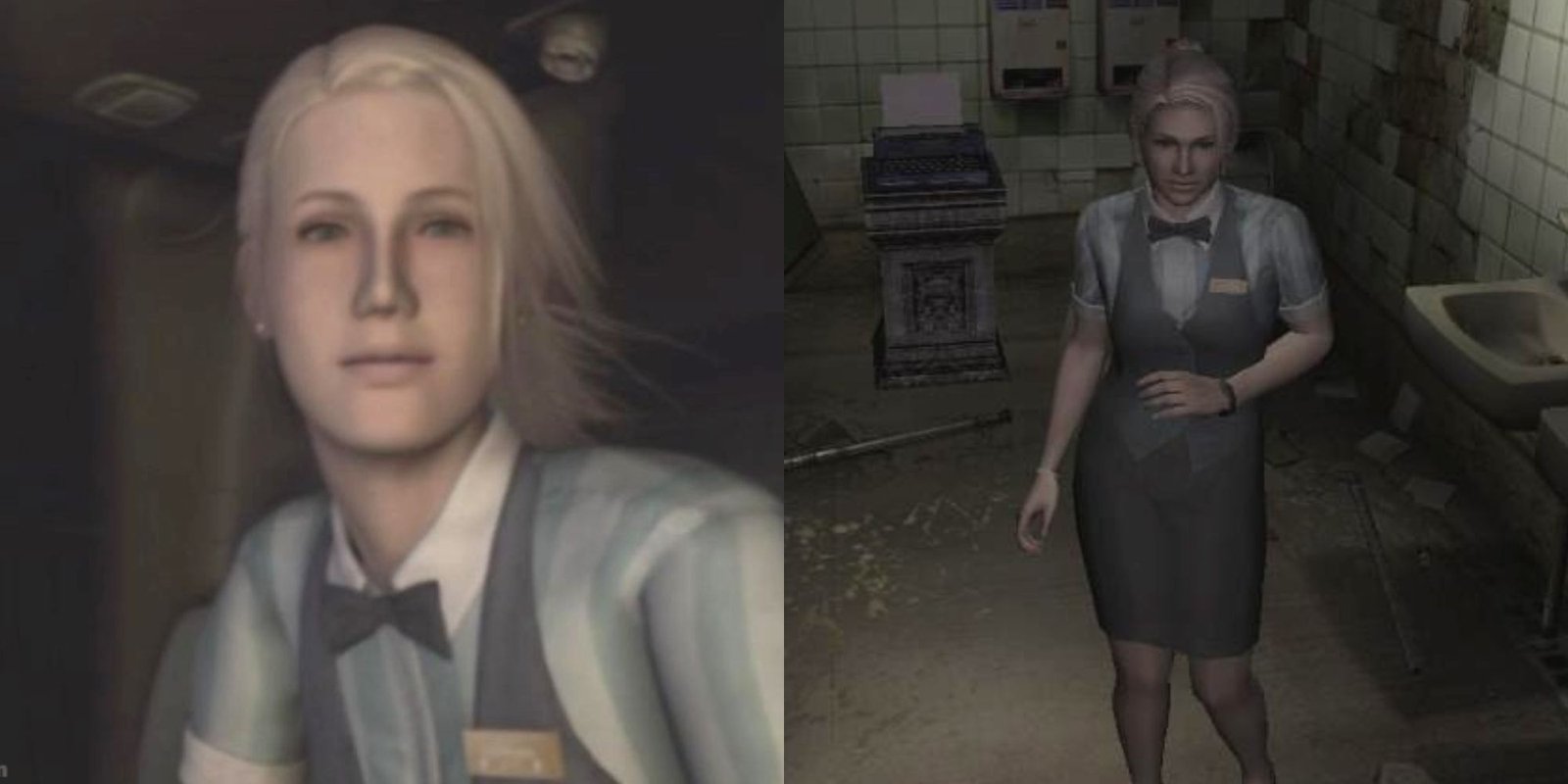 A close-up of Cindy Lennox (left) and hurt in a bathroom (right)