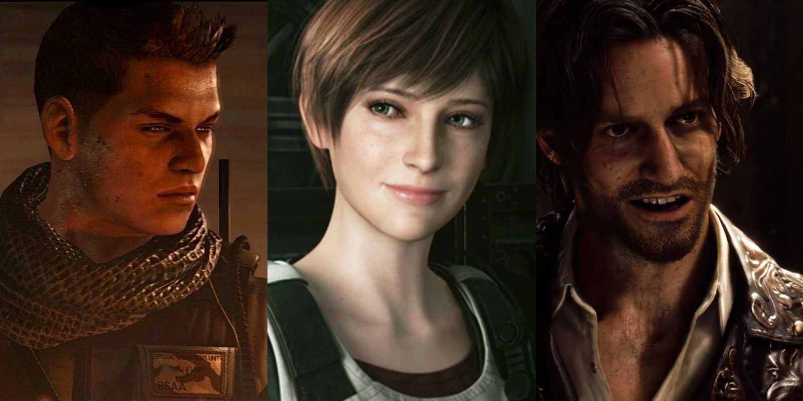 A split image of Piers Nivans, Rebecca Chambers, and Luis Sera in the Resident Evil series