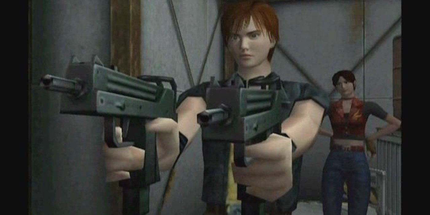Steve Burnside brandishing twin SMGs at the viewer. Claire Redfield watches from behind him