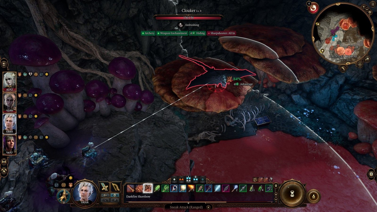 Astarion prepares to Sneak Attack enemy Cloaker in Gauntlet of Shar in Baldur's Gate 3