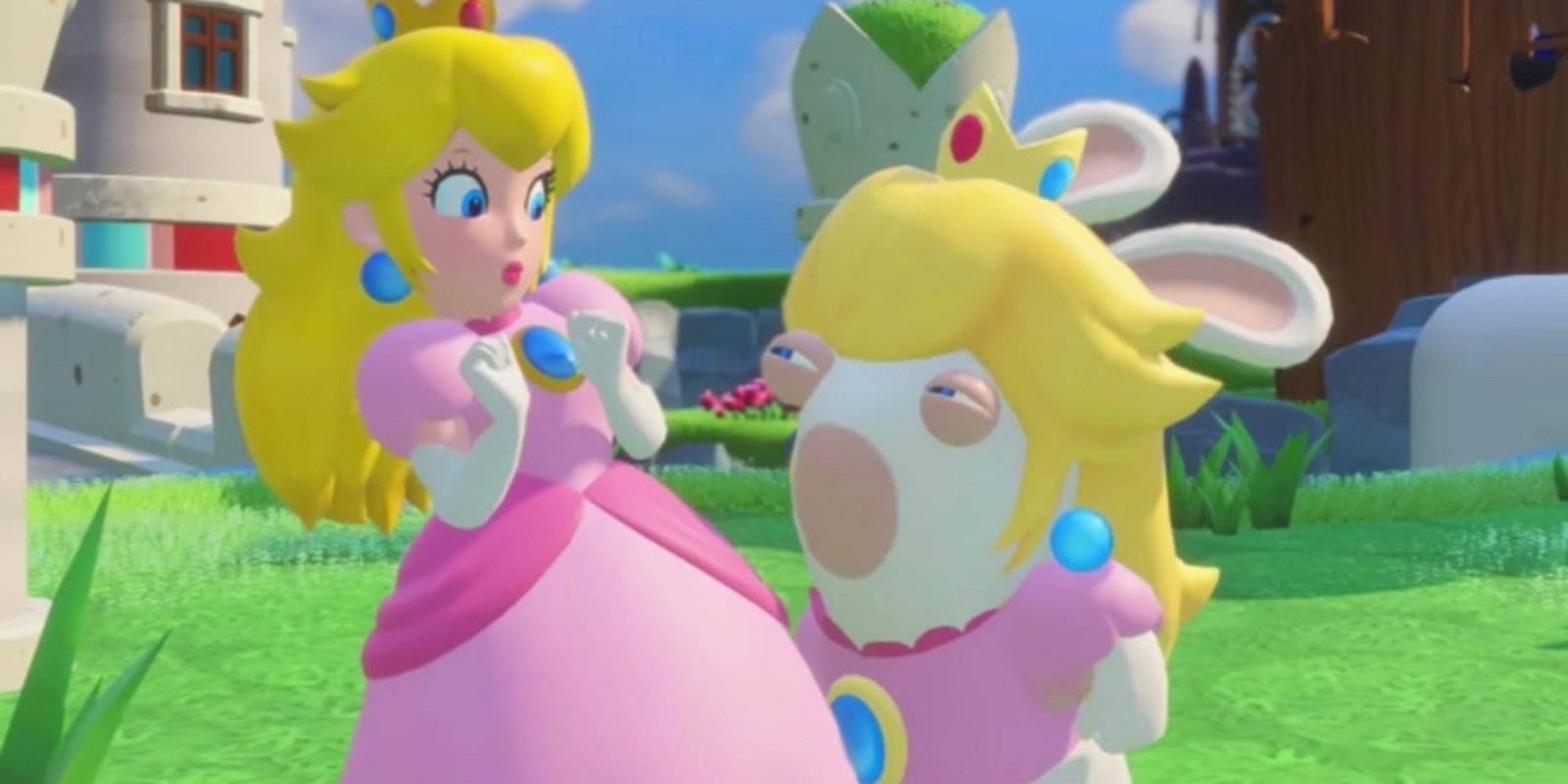 Rabbid Peach glares at Princess Peach outside her castle