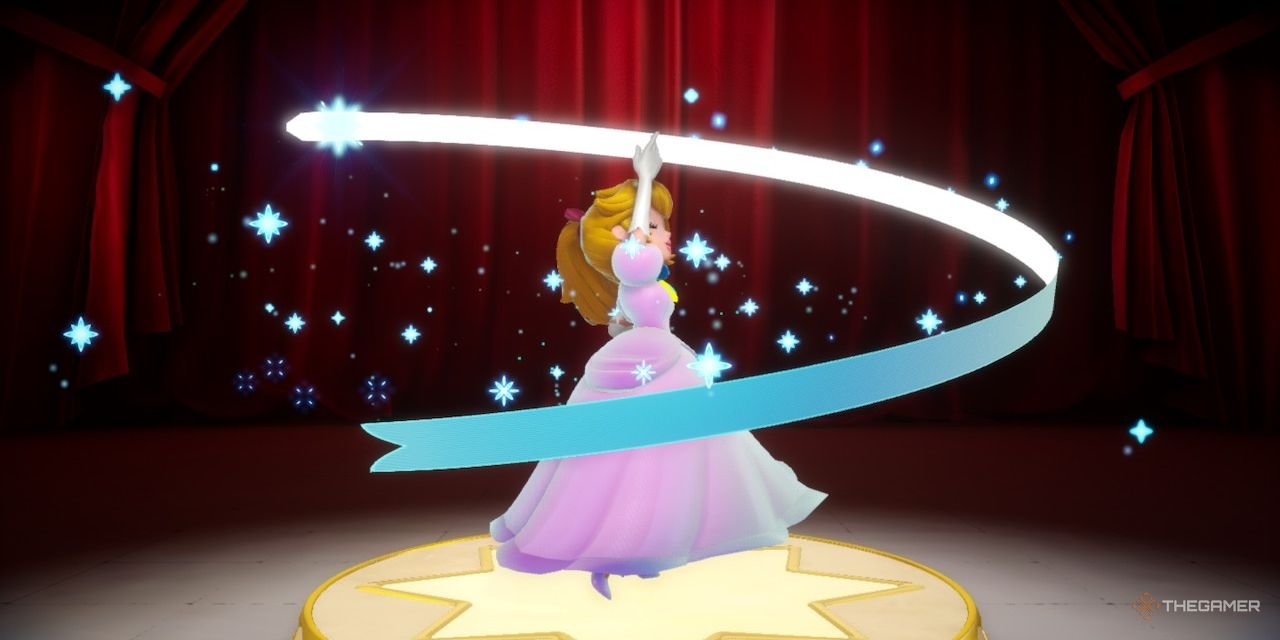 Princess Peach uses her magic ribbon to transform into a powerful character