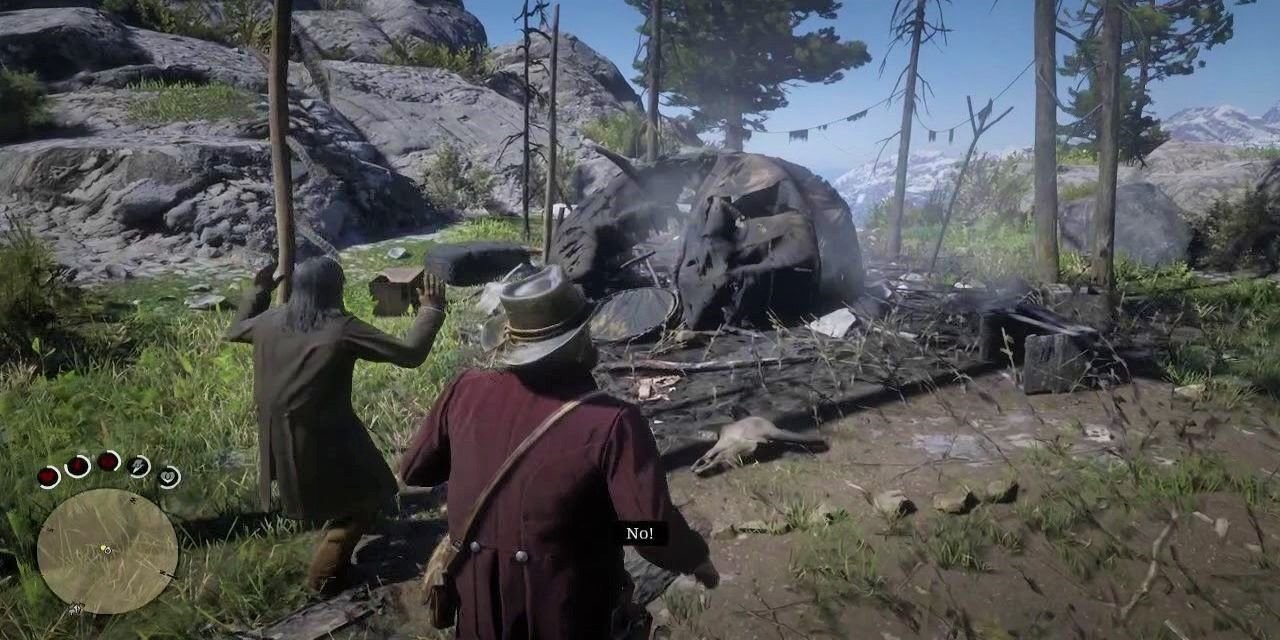Two characters running through a forest, coming upon a burned down campsite.