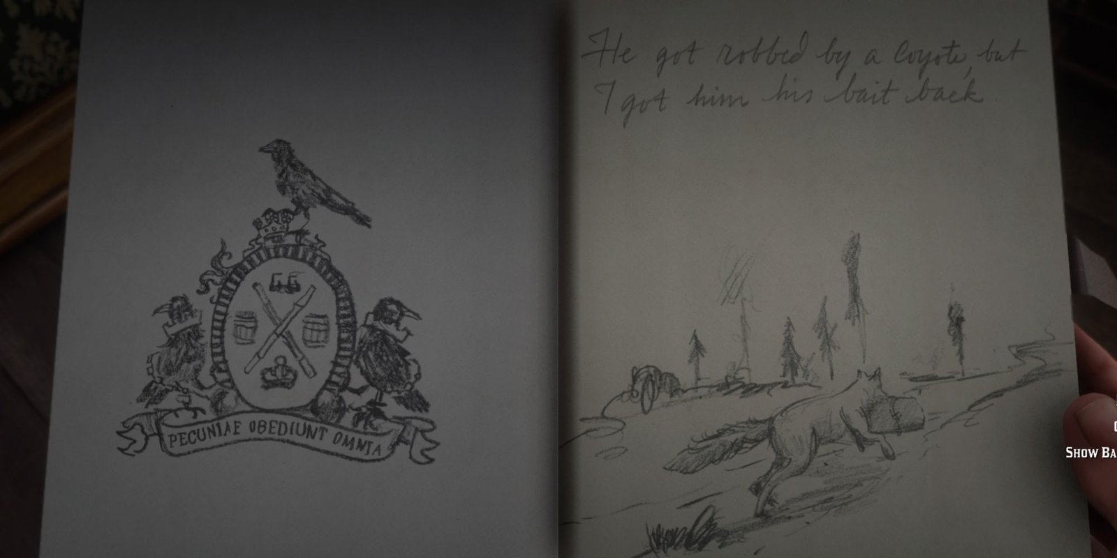 Cornwall's crest and a coyote running with Albert Mason's bag, stitched together to look like an open journal