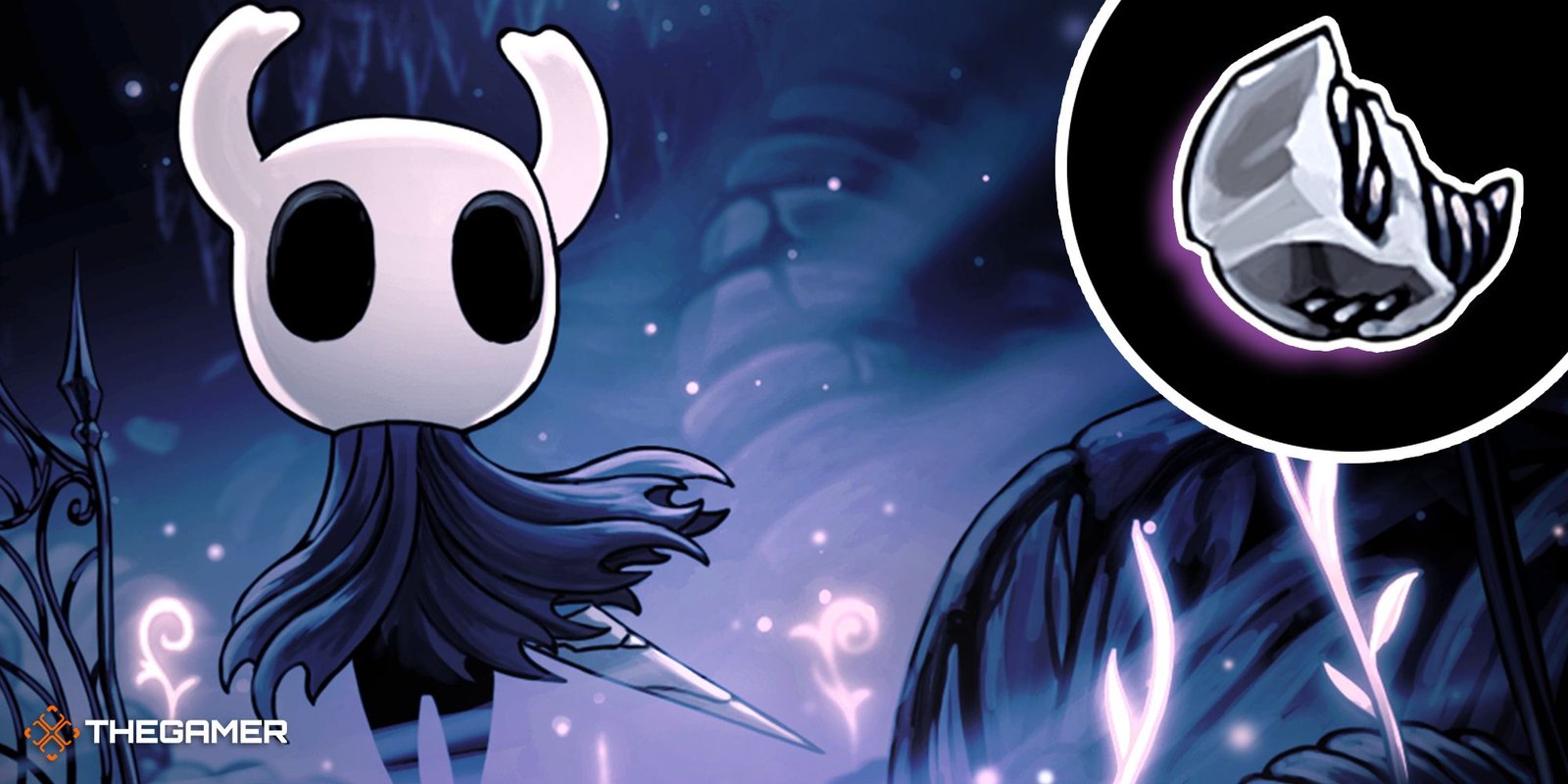 Collage image showing the main character from Hollow Knight next to a piece of Pale Ore