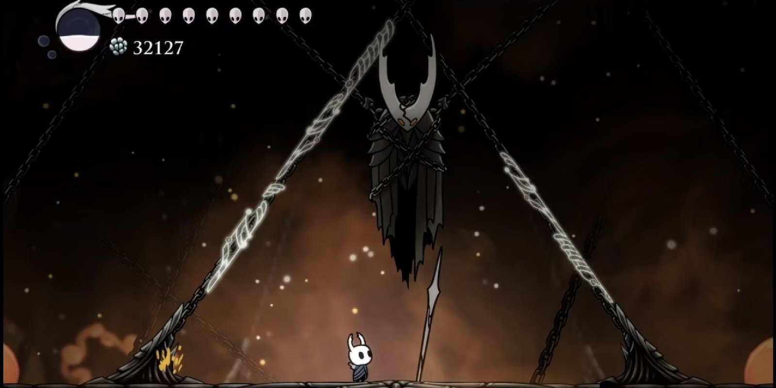 The Knight Standing Before the Chained up Hollow Knight