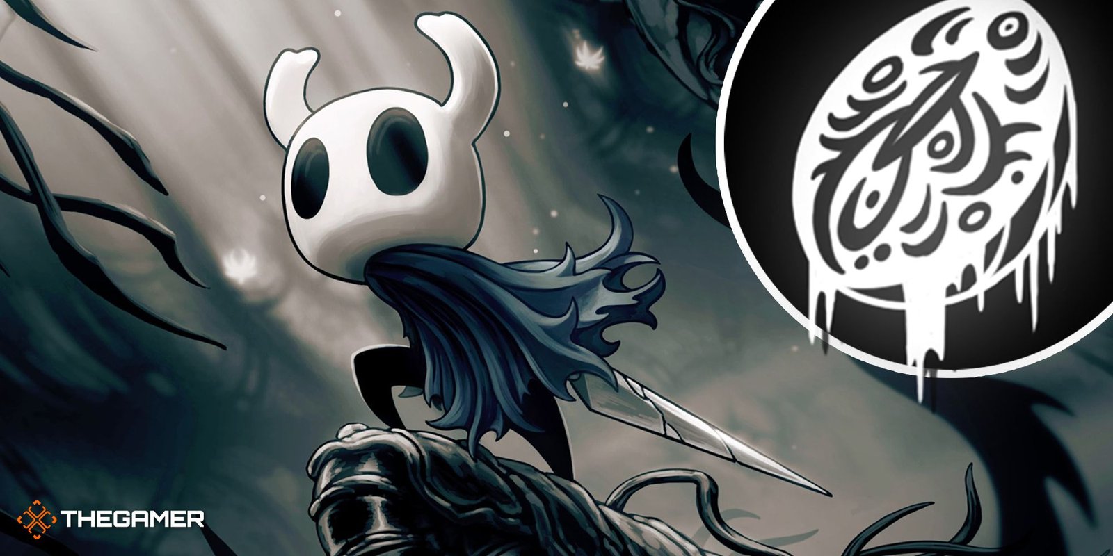 Cover art depicting the main character from Hollow Knight looking ahead from cliff edge