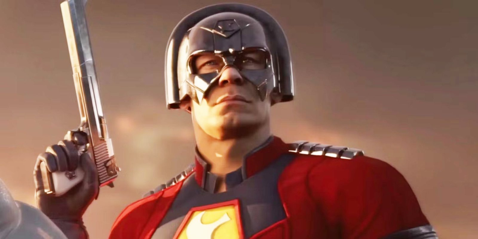Peacemaker from DC holding a pistol up in Mortal Kombat 1