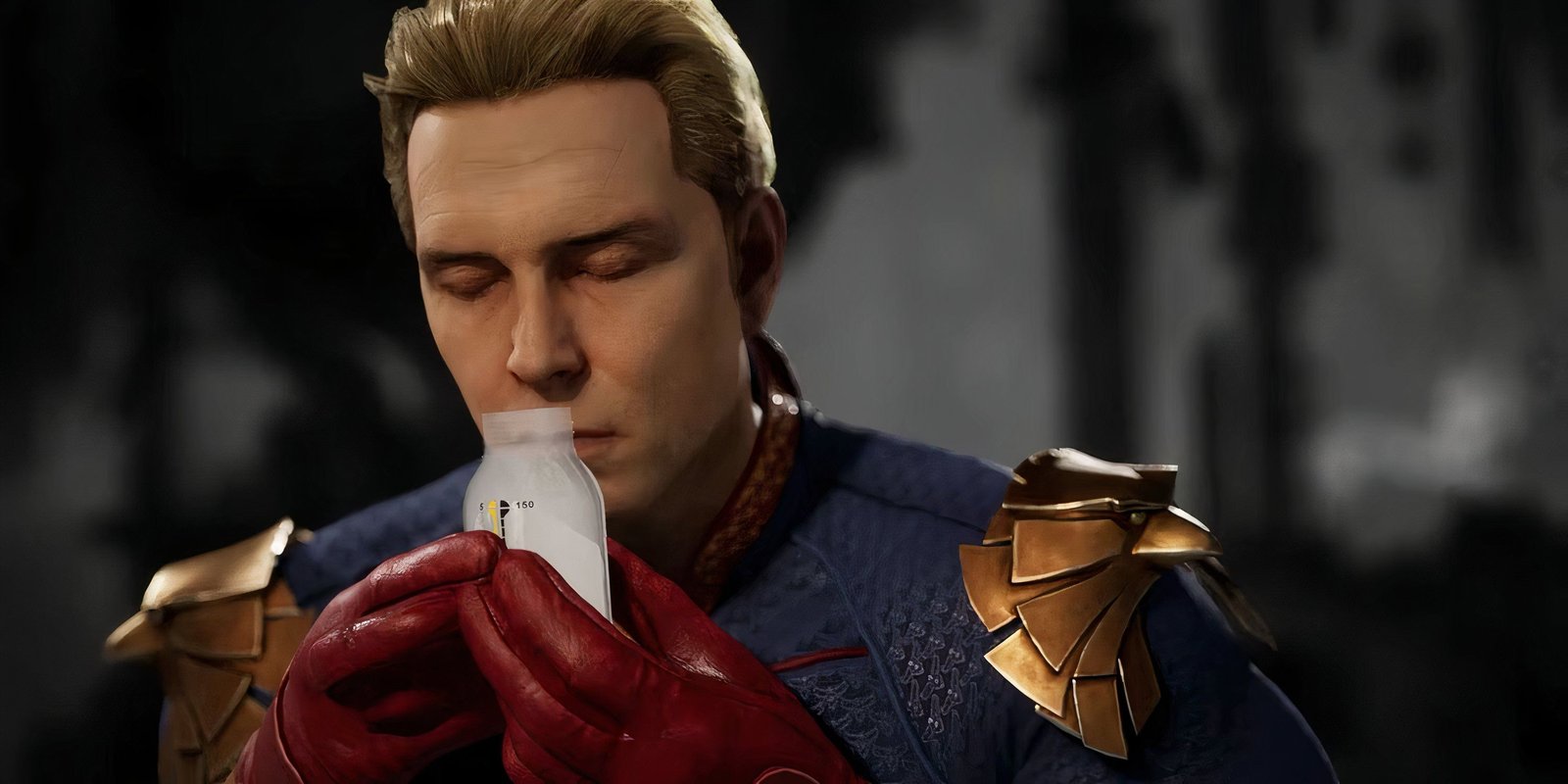 Homelander holds a glass filled with white liquid close to his nose