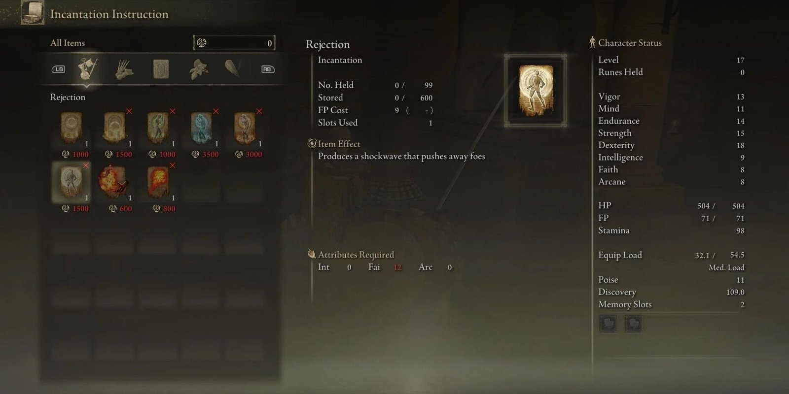 Rejection's stats in the Elden Ring inventory menu.